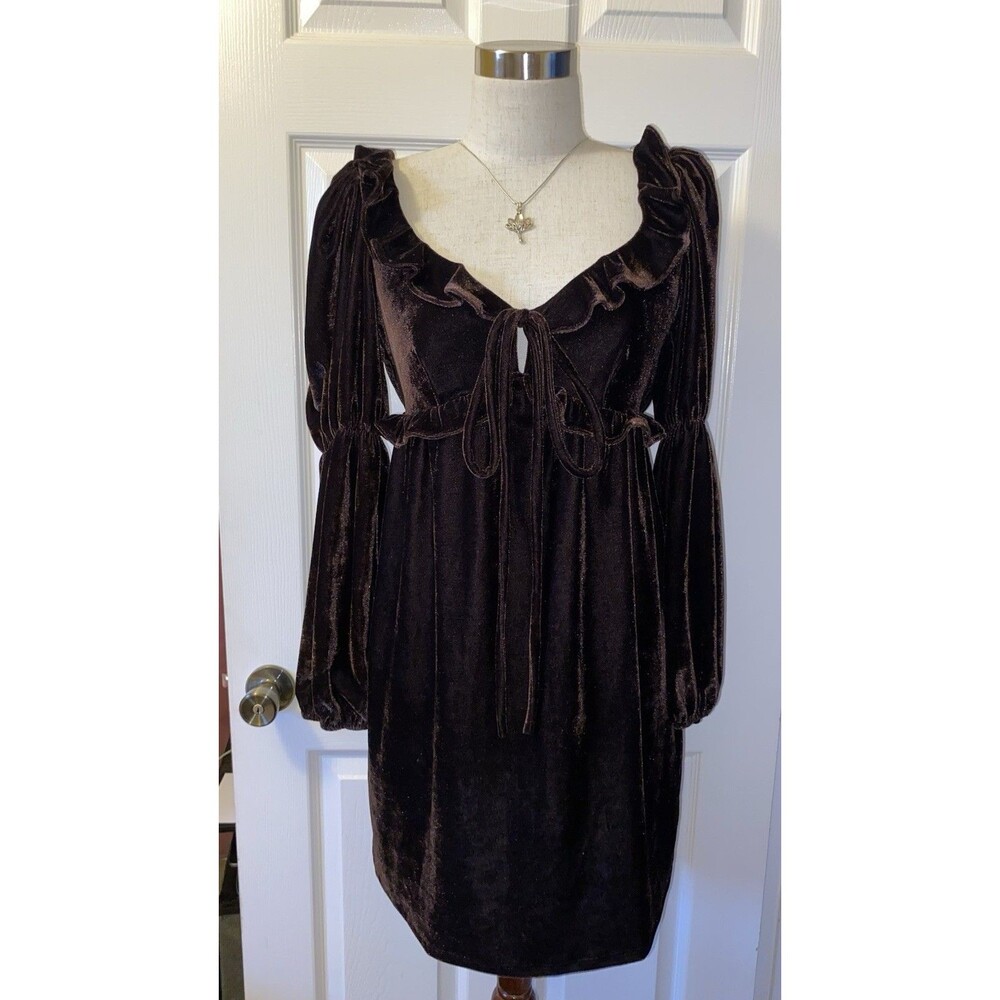 Crystal Doll Brown Velvet Puff Sleeve Ruffle Tie Mini Dress Size S Whimsigoth